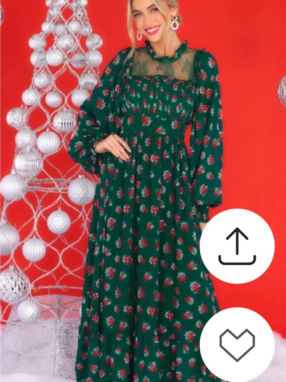 Aura Dark Green Floral Sheer-Yoke Maxi Dress with Red Accents